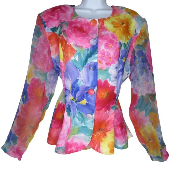 Vintage Floral Peplum Jacket Blouse Blazer Chiffon Sleeve Buttons Shoulder Pads - Picture 7 of 13